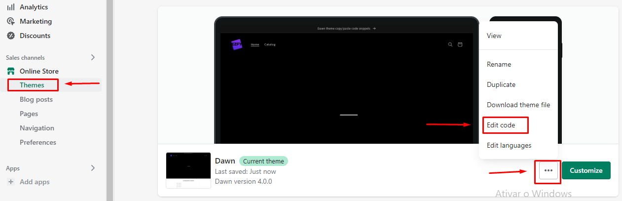 Opening code editor in the Dawn theme